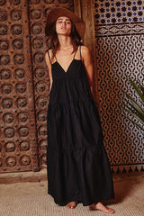 Black Strappy Tiered Poplin Maxi Dress