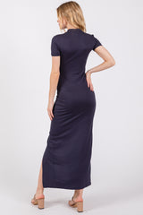 Navy Mock Neck Front Slit Short Sleeve Maxi Dress