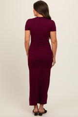 Burgundy Mock Neck Front Slit Short Sleeve Maternity Maxi Dress