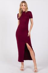 Burgundy Mock Neck Front Slit Short Sleeve Maternity Maxi Dress