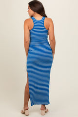 Blue Striped Side Slit Maternity Maxi Dress