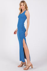 Blue Striped Side Slit Maxi Dress