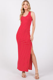 Red Striped Side Slit Maxi Dress