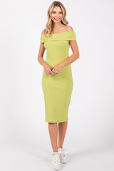 Lime Ribbed Knit Off Shoulder Midi Dress