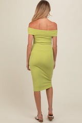 Lime Ribbed Knit Off Shoulder Maternity Midi Dress