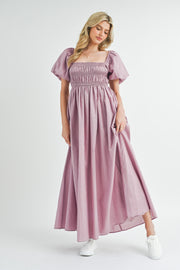 Mauve Puff Sleeve Smocked Maxi Dress