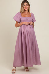 Mauve Puff Sleeve Smocked Maternity Maxi Dress