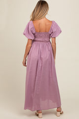 Mauve Puff Sleeve Smocked Maternity Maxi Dress