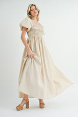 Cream Puff Sleeve Smocked Maternity Maxi Dress