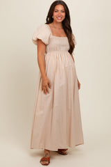 Cream Puff Sleeve Smocked Maternity Maxi Dress