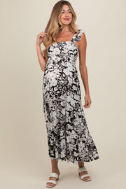 Black Floral Smocked Tiered Maternity Maxi Dress