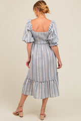 Blue Striped Smocked Puff Sleeve Maternity Midi Dress