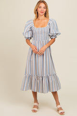 Blue Striped Smocked Puff Sleeve Midi Dress