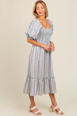 Blue Striped Smocked Puff Sleeve Maternity Midi Dress