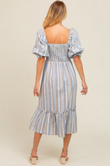 Blue Striped Smocked Puff Sleeve Midi Dress