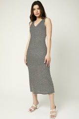 Black Striped V-Neck Maternity Midi Dress