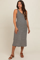 Black Striped V-Neck Maternity Midi Dress