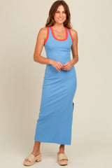 Light Blue Colorblock Side Slit Maxi Dress