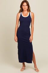 Navy Blue Colorblock Side Slit Maxi Dress