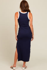 Navy Blue Colorblock Side Slit Maxi Dress