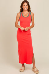 Coral Colorblock Side Slit Maternity Maxi Dress