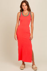 Coral Colorblock Side Slit Maxi Dress