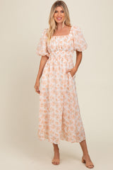 Peach Floral Puff Sleeve Maternity Midi Dress