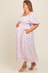 Lavender Floral Puff Sleeve Maternity Plus Midi Dress