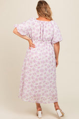 Lavender Floral Puff Sleeve Maternity Plus Midi Dress