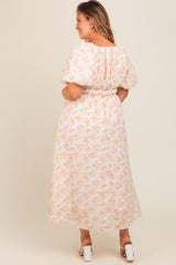 Peach Floral Puff Sleeve Maternity Plus Midi Dress