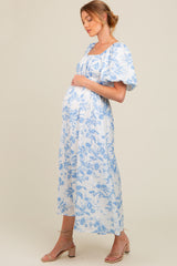 Blue Floral Puff Sleeve Maternity Midi Dress