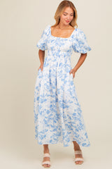 Blue Floral Puff Sleeve Maternity Midi Dress