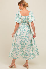 Teal Floral Puff Sleeve Maternity Midi Dress