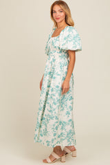 Teal Floral Puff Sleeve Midi Dress