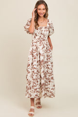 Brown Floral Puff Sleeve Midi Dress