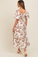 Brown Floral Puff Sleeve Midi Dress