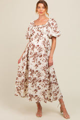 Brown Floral Puff Sleeve Maternity Midi Dress