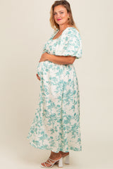 Teal Floral Puff Sleeve Maternity Plus Midi Dress