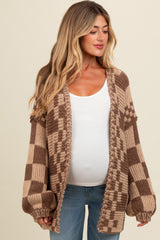 Brown Mixed Check Pattern Chunky Maternity Cardigan