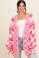 Fuchsia Mixed Check Pattern Chunky Cardigan