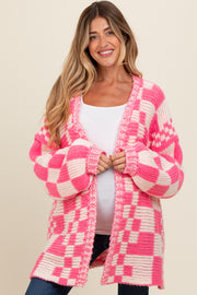 Fuchsia Mixed Check Pattern Chunky Maternity Cardigan