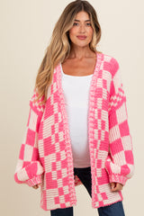 Fuchsia Mixed Check Pattern Chunky Maternity Cardigan