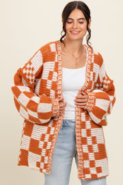 Rust Mixed Check Pattern Chunky Cardigan