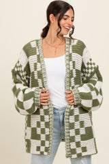 Olive Mixed Check Pattern Chunky Cardigan