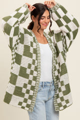 Olive Mixed Check Pattern Chunky Cardigan