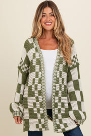 Olive Mixed Check Pattern Chunky Maternity Cardigan