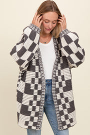 Charcoal Mixed Check Pattern Chunky Cardigan