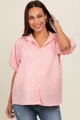 Peach Plaid Button Down Maternity Top