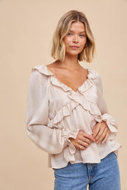 Almond Washed Satin Cross Ruffled Long Sleeve Blouse