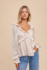 Almond Washed Satin Cross Ruffled Long Sleeve Blouse